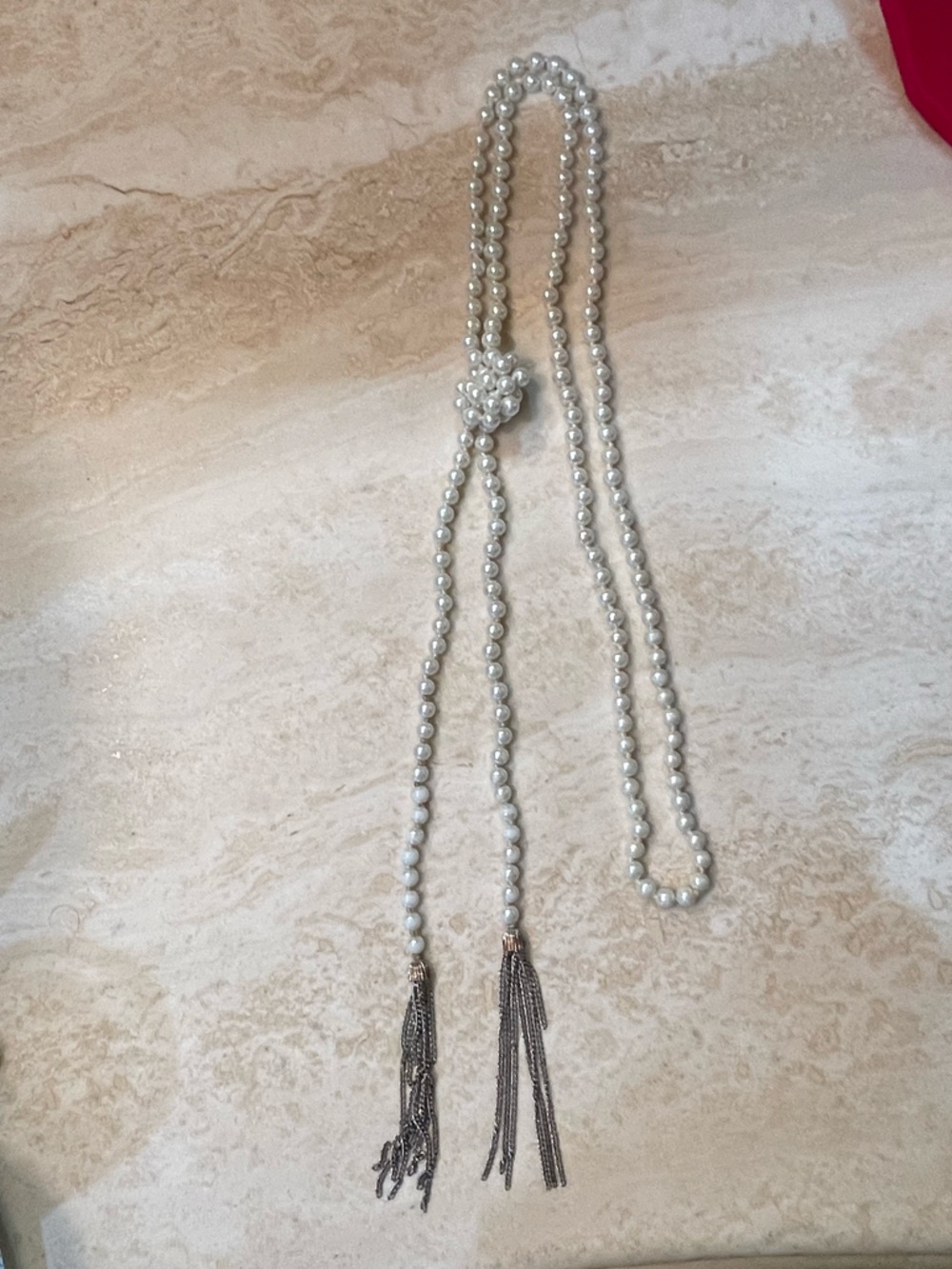 Long Pearl Statement Necklace Silver Chain Tassel